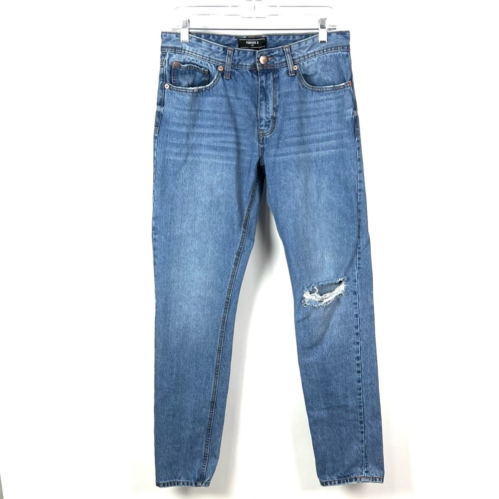 Forever 21 Men's Blue Medium Wash Distressed Ripped Denim Jeans